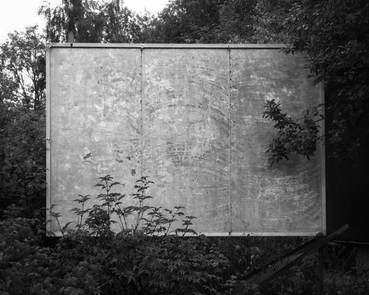 A black-and-white photograph of an empty aluminium advertising billboard standing amidst undergrowth and trees, some of which are already obscuring the billboard.
