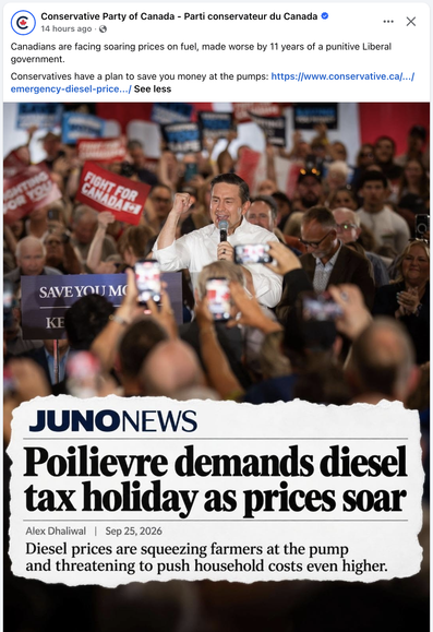 A photo of a social media post from the Conservative Party of Canada featuring the text: Canadians are facing soaring prices on fuel, made worse by 11 years of a punitive Liberal government. Conservatives have a plan to save you money at the pumps: [url]. Below that is an image of Pierre Poilievre at a campaign rally with a fake newspaper clipping featuring the headline ‘Poilievre demands diesel tax holiday as prices soar.’