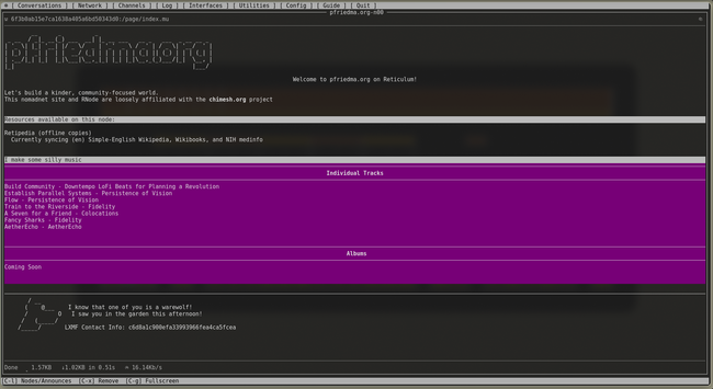 A screenshot of nomadnet browser displaying my node page. The site is text and ASCII only.
Welcome to pfriedma.org on Reticulum
Let's build a kinder, community-focused world. 
This nomadnet site and Rnode are loosely affiliated with the chimesh.org project. 
Resources available on this node: 
Retipedia (offline copies)
  Currently syncing (en) Simple-English Wikipedia, Wikibooks, and NIH medinfo 
 with links to some of my music, my LXMF contact address, a quote from the movie "Haunted Honeymoon" which reads "I know that one of you is a warewolf... I saw you in the garden this afternoon" next to an ASCII-art dog head.