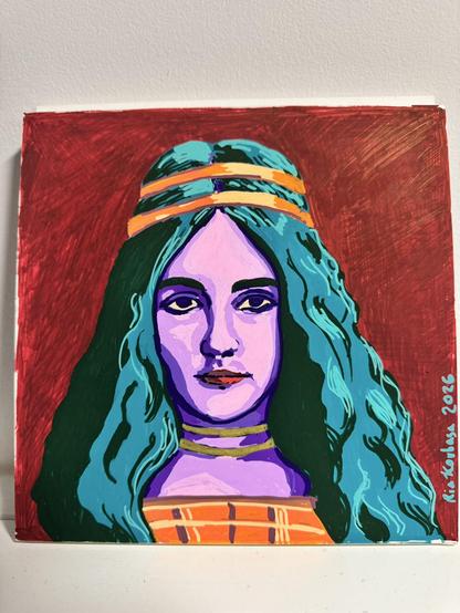 A photo of a square painting with a maroon background featuring a portrait of a beautiful woman painted in bright surreal colors. Her long wavy hair is green, her skin is purple, and she’s wearing orange headbands and dress.
