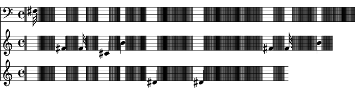 Some sheet music, with a few notes here and there and about a hundred closely spaced measure lines between each note. No time signatures or quarter note equals anywhere.