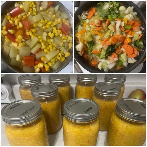 Grid of three photos:

1) Pot of soup with potatoes, corn, red peppers, and hot peppers.

2) Pot of soup with corn, broccoli, cauliflower, carrots, and orange peppers.

3) Mason jars with two types of blended soups in them.