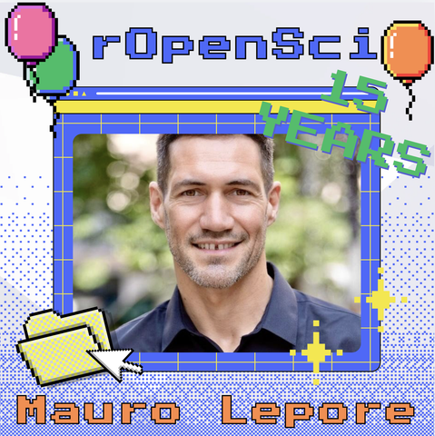 Mauro headshot. rOpenSci 15 years. Pixel Art with colorfull baloons, a folder, a mouse arrow and some sparkles.