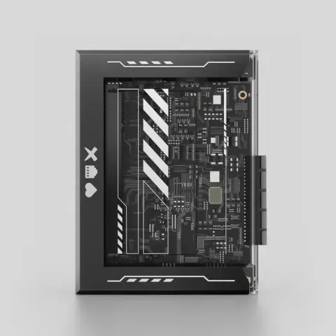image of zimablade 7700 model mini-server (size of a walkman from the 90s). The chassis has a highly transparent, beautiful see-through cover, giving a view onto the PCB board. Sad though, that there's no light-show going on, like on RPi. Just a single, hardly visible red led when it's running.