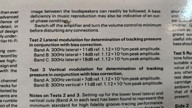 Close up photo of some audio test descriptions on an album cover