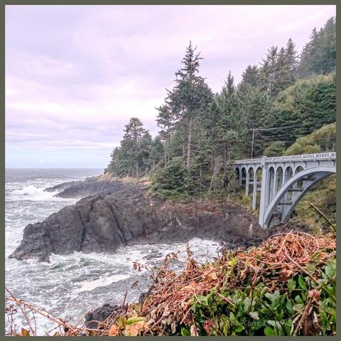 A scenic turnout along the Oregon Otter Crest Loop, with the gray basaltic lava flows dramatically dropping into the Pacific like long fingers reaching into the waves. The tops of the hills leading to the beach are covered with spruce and fir. The basalt splits to allow a creek to join the ocean, and a partly out of frame nicely arched concrete bridge spans the creek mouth on the right. 
"Designed by renowned Oregon bridge engineer Conde McCullough and constructed in 1927, this concrete arch bridge spans 360 feet across a dramatic rocky gorge where Rocky Creek meets the Pacific Ocean." 
The weather is rainy and misty, with vague blues at the horizon. The ocean is gray with white foam strands from the crashing high tide waves. 
There are a few large houses on the other side. A great view regardless of the weather.
