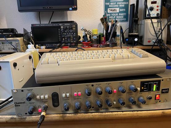 An ALDI C64 on top of an SPL Channel One tube channel strip that’s connected to the audio output for some post processing.