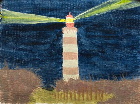 acrylic painting of a lighthouse at night.
the lighthouse is in the middle with wide cream and redish-brown stripes.
the sky is a dark midnight blue.
there is a yellow light beam going left and one to the upper right
the bottom is dark redish-brown grass and dark yellow-brown sand.