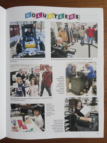 Page from the Museum of Printing newsletter showing volunteers and kids having fun.
