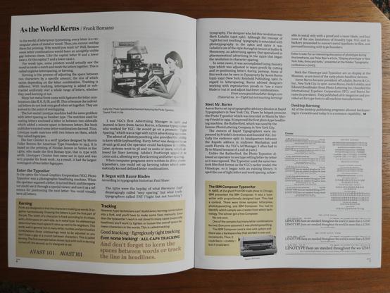 Spread from the Museum of Printing newsletter showing an article about the history of kerning, by Frank Romano, titled “As the World Kerns”.