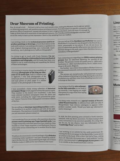 The “Dear Museum of Printing” page from the Museum of Printing newsletter, with examples of questions the museum gets via email.