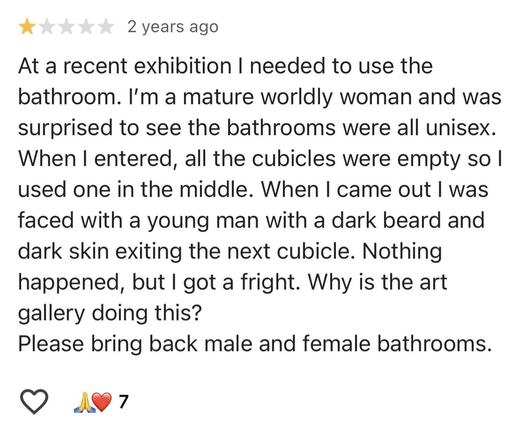 At a recent exhibition I needed to use the bathroom. I'm a mature worldly woman and was surprised to see the bathrooms were all unisex.
When I entered, all the cubicles were empty so l used one in the middle. When I came out I was faced with a young man with a dark beard and dark skin exiting the next cubicle. Nothing happened, but I got a fright. Why is the art gallery doing this?
Please bring back male and female bathrooms.