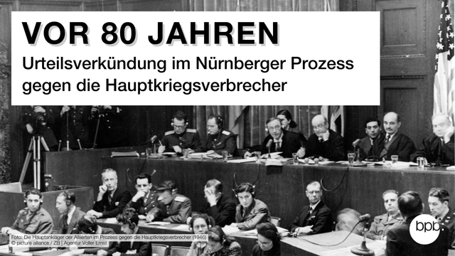 Titel: "Vor 80 Jahren: Urteilsverkündung im Nürnberger Prozess gegen die Hauptkriegsverbrecher." Dazu ein Schwarz-Weiß-Foto von 1946, das die Hauptankläger der Alliierten im Gerichtssaal während der Nürnberger Prozesse zeigt.