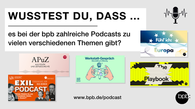 Titel: "Wusstest du, dass es bei der bpb zahlreiche Podcasts zu vielen verschiedenen Themen gibt?" Dazu eine Collage der Teaser der bpb-Podcasts APuZ, Werkstatt-Gespräch, Fühl' ich: Europa, The Playbook, Exil-Podcast.
