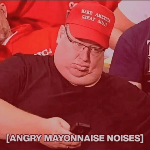 A heavyset man in glasses and a red MAKE AMERICA GREAT AGAIN hat grimaces while holding a phone, with the caption [ANGRY MAYONNAISE NOISES] at the bottom.