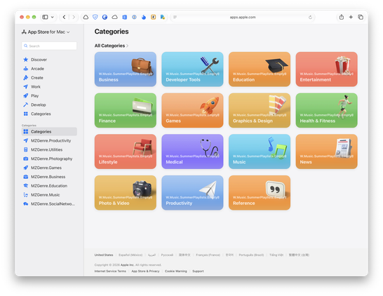 Screenshot of App Store for Mac (web version) with some really bizarre titles and descriptions like "MZGenre.Photography"