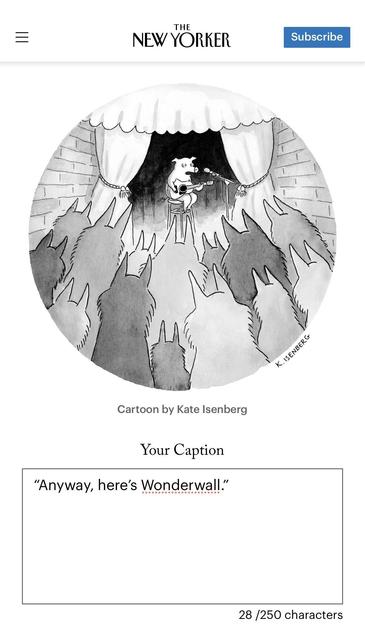 NEW YORKER CAPTION CONTEST

IMAGE: a room full of wolves leaning in like they’re hungry with a lone, terrified-looking pig on a stage sitting atop a barstool holding a guitar in front of a mic. 

MY CAPTION: “Anyway, here’s Wonderwall.”