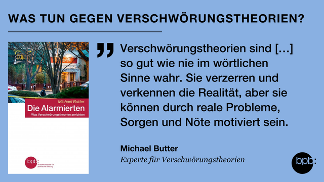 Im Post wird das neue Schriftenreihe-Buch der bpb mit dem Namen "Die Alarmierten: Was Verschwörungstheorien anrichten" von Michael Butter, Experte für Verschwörungstheorien, vorgestellt. Dazu ein Zitat aus dem Buch: "Verschwörungstheorien sind […] so gut wie nie im wörtlichen Sinne wahr. Sie verzerren und verkennen die Realität, aber sie können durch reale Probleme, Sorgen und Nöte motiviert sein."