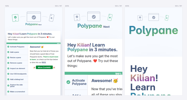 A website in three panes in Polypane at three different zoom levels: 100%, 200% and 400%