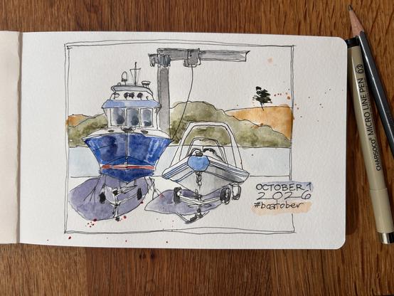 Ink and watercolor sketch of two boats in dry dock