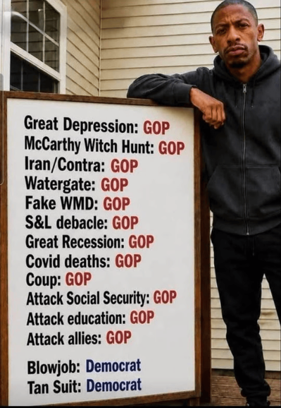 A man in a dark hoodie stands beside a large framed protest sign outside a house. The sign lists political accusations in bold text, including Great Depression: GOP, McCarthy Witch Hunt: GOP, Iran/Contra: GOP, Watergate: GOP, Fake WMD: GOP, S&L debacle: GOP, Great Recession: GOP, Covid deaths: GOP, Coup: GOP, Attack Social Security: GOP, Attack education: GOP, Attack allies: GOP, Blowjob: Democrat, and Tan Suit: Democrat.