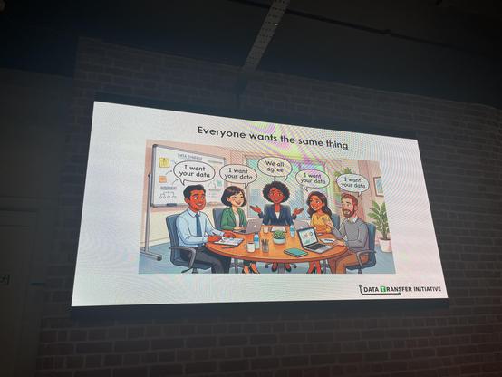 Four smiley cartoon people each say “I want your data!” and a fifth says “we all agree”, under the heading “We all want the same thing”.