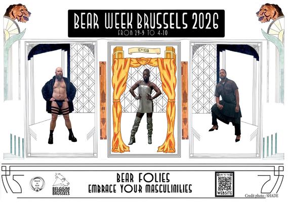 Art deco promo featuring three bears in different looks: jockstrap, triple garters, boots with fur coat, a short silver dress with thigh high boots, a button up shirt with a skirt, trousers, and low heels. “Bear Folies: Embrace Your Masculinities”