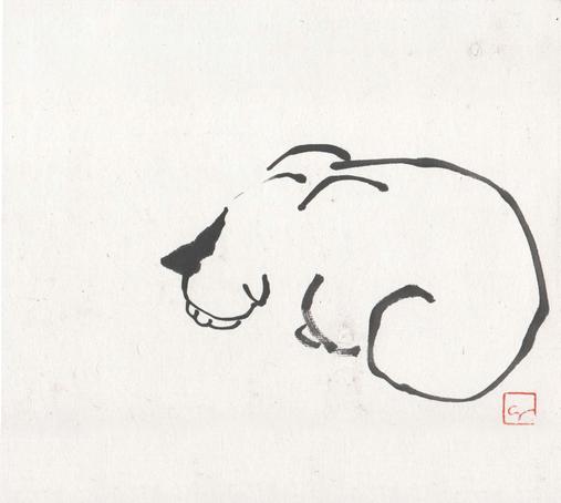 Sur un fond blanc, à l'encre noire, un chat blanc dont l'oreille droite est noire.
Tapi au sol il semble regarder on ne sait quoi vers le bas, mais ça a l'air intéressant.
juste sous sa croupe un hanko touge.