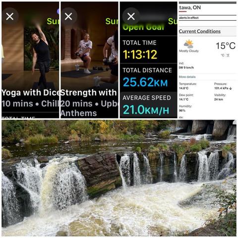 Grid of iOS screenshots and a photo:
1) Apple Fitness Yoga with Dice, 10 mins.

2) Apple Fitness Strength with Kim, 20 mins.

3) Apple Fitness Cycling Details:
Total Time: 1:13:12.
Total Distance: 25.62 KM.
Average Speed: 21.0 KM/H.

4) Environment Canada site showing 15℃, 96% humidity, and 9 KM/H wind.

5) photo of Hogs Back Falls,  with multiple little waterfalls with bush and trees in the view.