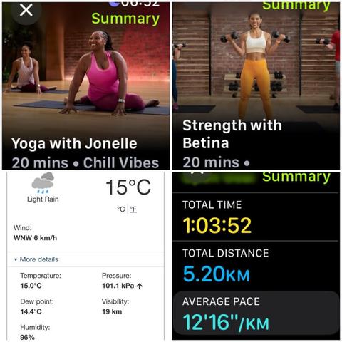 Grid of iOS screenshots:
1) Apple Fitness Yoga with Jonelle, 20 mins.

2) Apple Fitness Strength with Betina, 20 mins.

3) Environment Canada site showing light rain,  15℃, 96% humidity, and 6 KM/H wind.

4) Apple Fitness Walking Details:
Total Time: 1:03:52.
Total Distance: 5.20 KM.
Average Pace: 12’16”/KM.