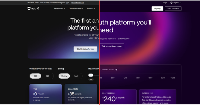A scrubber view, on the left is Auth0's old homepage, and on the right is their new one. The left is a dark black with some blue highlights, and on the right is a *very* purple mess of colors