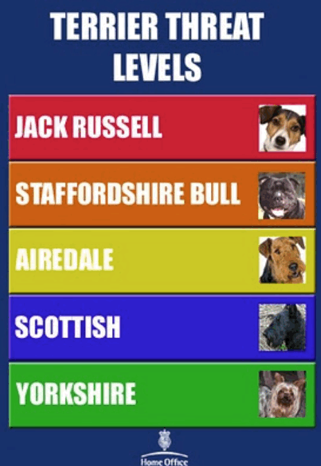Meme.
Terrier Threat Levels
Jack Russell
Staffordshire Bull
Airedale
Scottish
Yorkshire