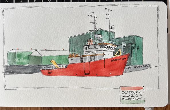 Sketch of a large red boat alongside several dark green container buildings.