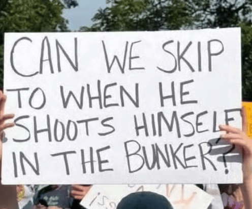 A protest sign held up by several hands reads, CAN WE SKIP TO WHEN HE SHOOTS HIMSELF IN THE BUNKER?, with trees and other signs visible in the background.