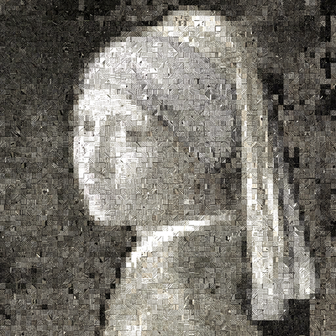 girl with a pear earring, rendered in mosaic form greyscale using cross-hatched tiles