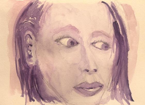 Watercolor of a woman’s face in purple shades, and her eyes are way too big
