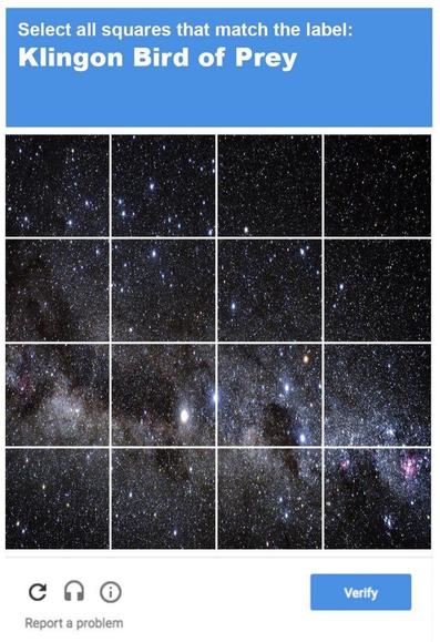A CAPTCHA style image asking the user to select all squares that contain a Klingon Bird of Prey. All sub-images just show a starry background.