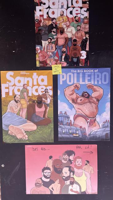 Posters of graphic novel covers featuring multi-ethnic bears: Santa Frances and The Big Book of Polleiro. A handwritten Post-it reads: Comics! BD! Carte!