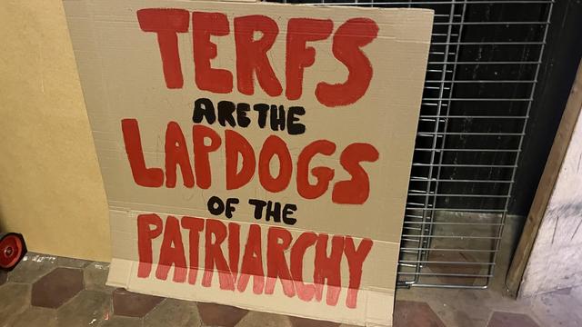 A hand painted sign on cardboard: TERFS are the lapdogs of patriarchy.