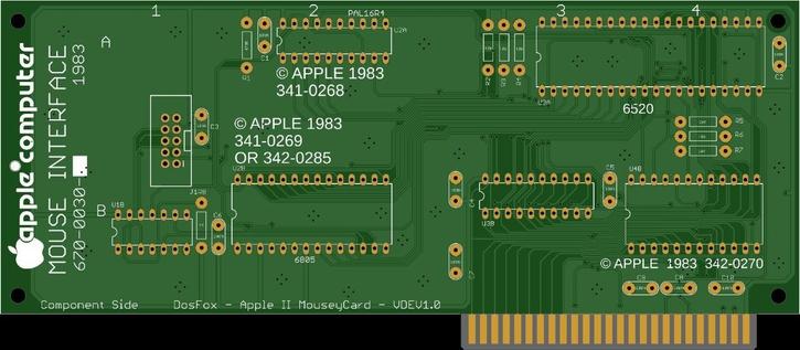 A render of a blank mouse card PCB. Again it’s a rectangular board with an edge connector at the bottom left, with exactly the same ICs on it