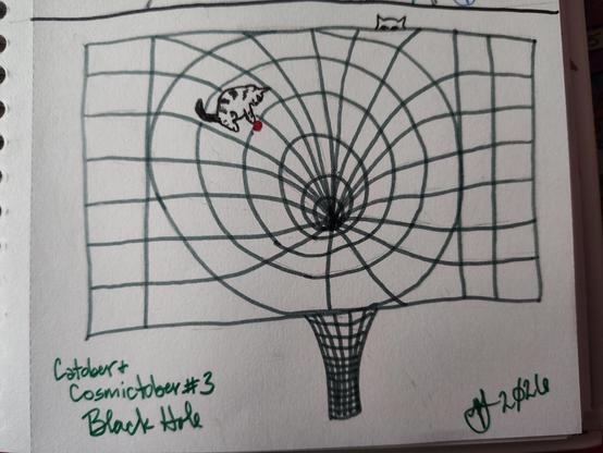 A drawing of a wire frame of a black hole. Sitting on the black hole is a cat playing with a red ball. Another cat peeks over the top.
