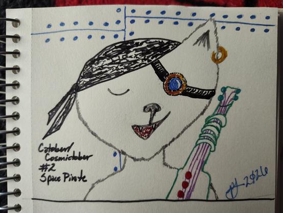 A kitty space pirate with a head wrap/beanie covering one ear and a gold earring in the other ear. The space pirate has a robotic eye and is carrying a futuristic looking musical instrument.