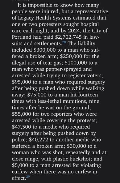 It is impossible to know how many
people were injured, but a representative
of Legacy Health Systems estimated that
one or two protesters sought hospital
care each night, and by 2024, the City of
Portland had paid $2,702,745 in law-
suits and settlements.” The liability
included $300,000 to a man who suf-
fered a broken arm; $250,000 for the
illegal use of tear gas; $100,000 to a
man who was pepper-sprayed and
arrested while trying to register voters;
$95,000 to a man who required surgery
after being pushed down while walking
away; $75,000 to a man hit fourteen
times with less-lethal munitions, nine
times after he was on the ground;
$55,000 for two reporters who were
arrested while covering the protests;
$47,500 to a medic who required
surgery after being pushed down by
police; $40,272 to another medic who
suffered a broken arm; $30,000 to a
woman who was shot, repeatedly and at
close range, with plastic buckshot; and
$5,000 to a man arrested for violating
curfew when there was no curfew in
effect.”