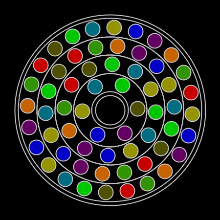 Loop animation of four concentric rings that contain coloured circles. The rings rotate clockwise or counter-clockwise for a while, then some circles swap their places.