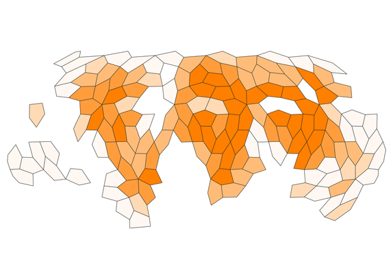 A map of World population using A5 pentagon tiles at resolution 2. More intense orange shows area of higher population density.