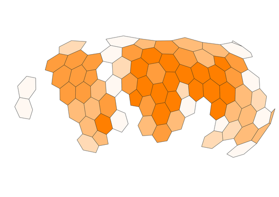 A map of World population using h3 hexagon tiles at resolution 0. More intense orange shows area of higher population density.