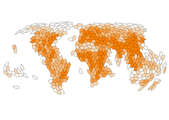 A map of World population using A5 pentagon tiles at resolution 3. More intense orange shows area of higher population density.