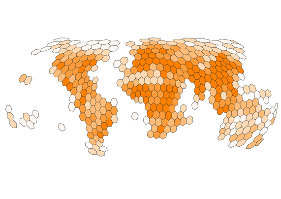 A map of World population using h3 hexagon tiles at resolution 3. More intense orange shows area of higher population density.