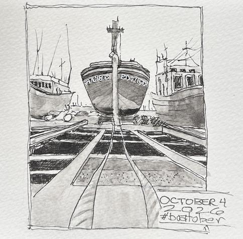 Black and white sketch of old boats in a dock