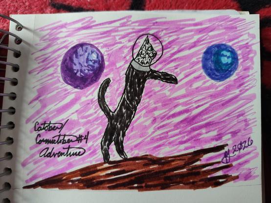 A cat standing on their hind legs with a space helmet is pointing to the right proudly while standing on a rocky planet with two moons in the sky.